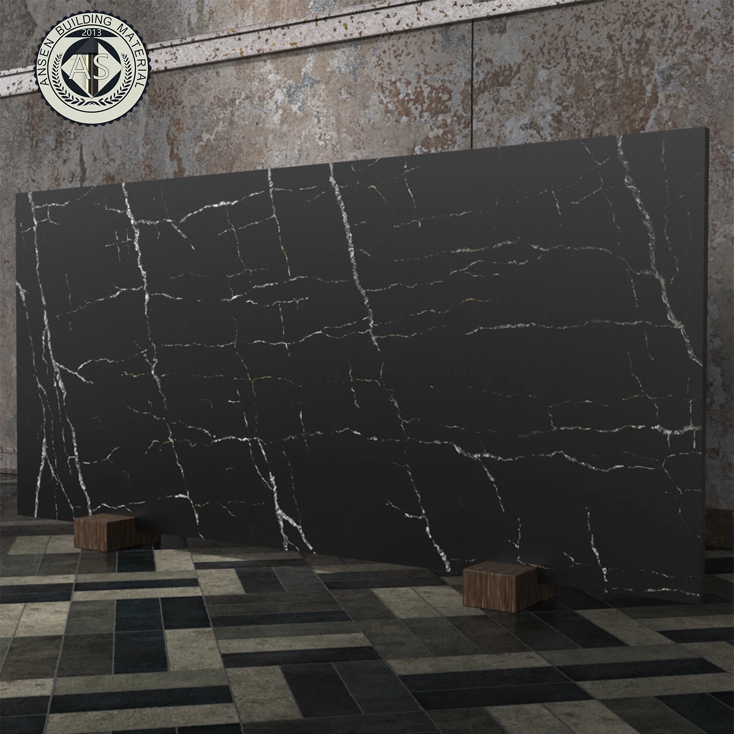 Chinese Good Supplier Artificial Stone Polished Black Color White Vein Quartz Stone for Table Top Countertop