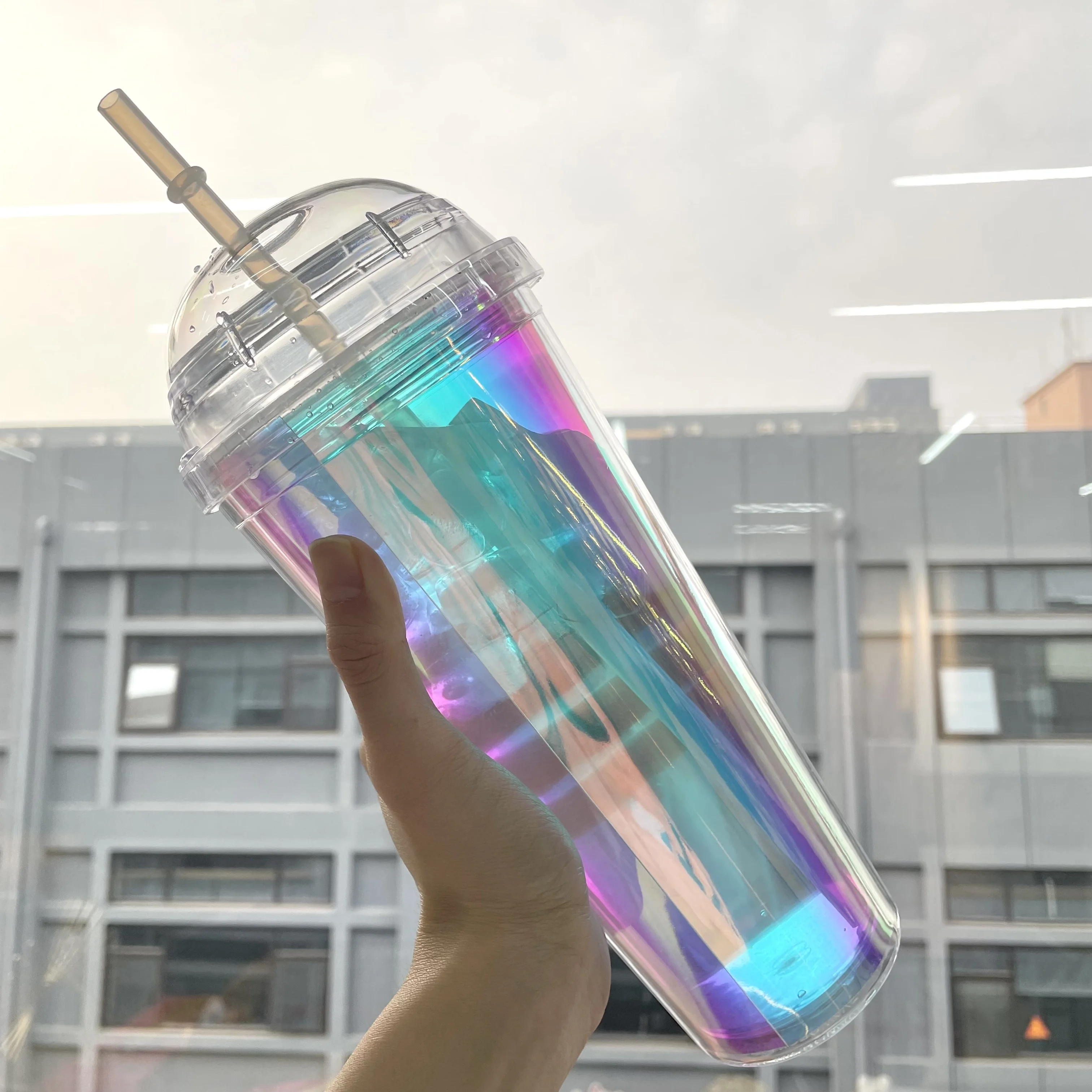 Custom Logo Holographic 20oz Double Wall Cold Coffee Disposable Reusable Plastic Tumblers Cup