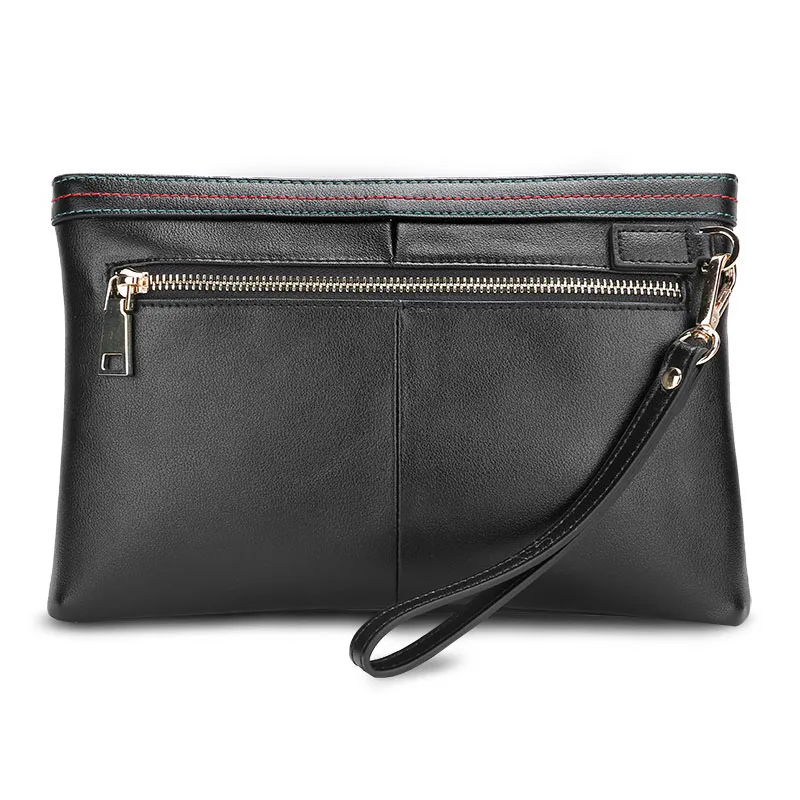 Wholesale leather men wallet long style zipper genuine leather wallet bag with hand strap