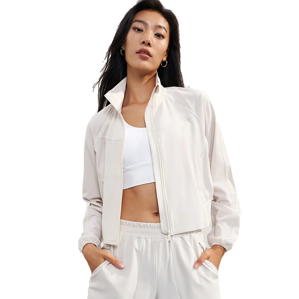 OEM WOVEN Light Weight Polyester Loose Women Yoga Coat Stand Collar Zip Up Long Sleeve Fitness Sports Jackets With Side Pockets