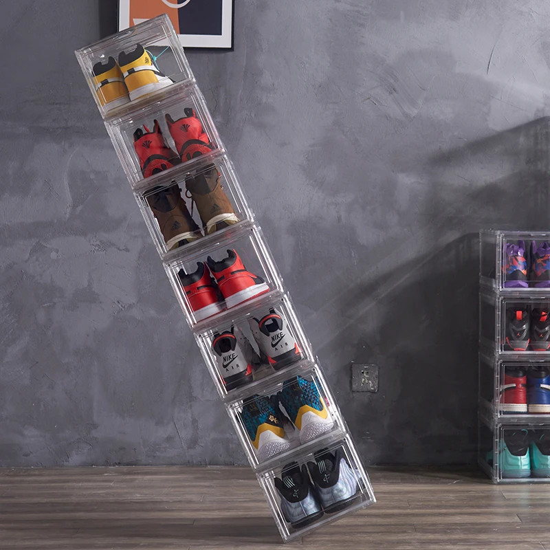 Hot sale Transparent Plastic Sneaker Stackable Shoe Storage Boxes Drop Front Acrylic Drawer Type Magnetic Clear Shoe Box