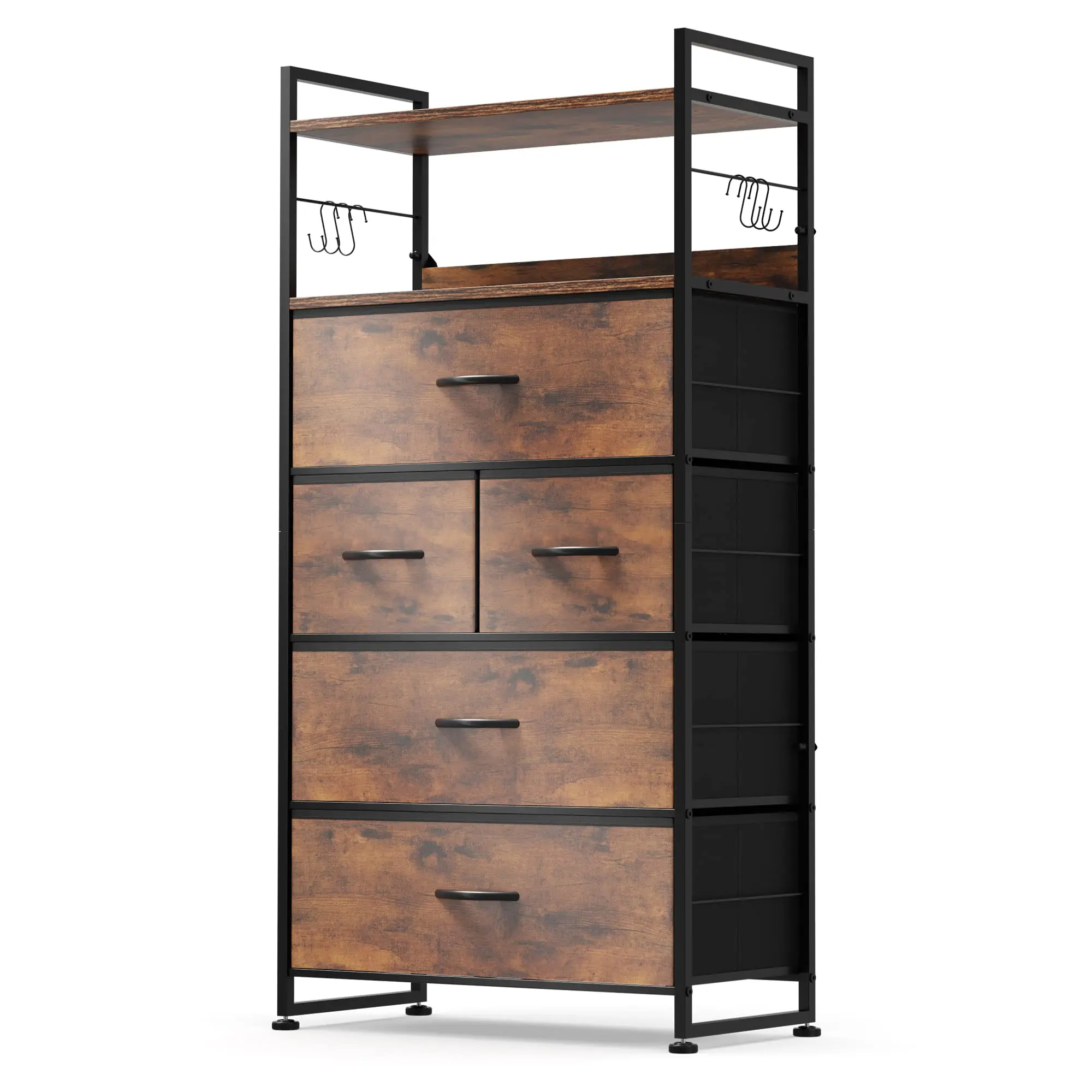 Bedroom Easy Pull Handle Wood Tabletop Sturdy Metal Frame Cationic Fabric 5 Drawers Storage Organizer Unit
