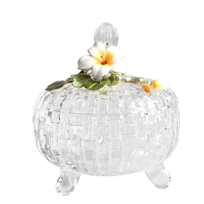 NOSHMAN Tarro de caramelo Wholesale Crystal Diamond Sugar Bowl with Enamel Flower Lid Storage Bottle Glass Candy Jar