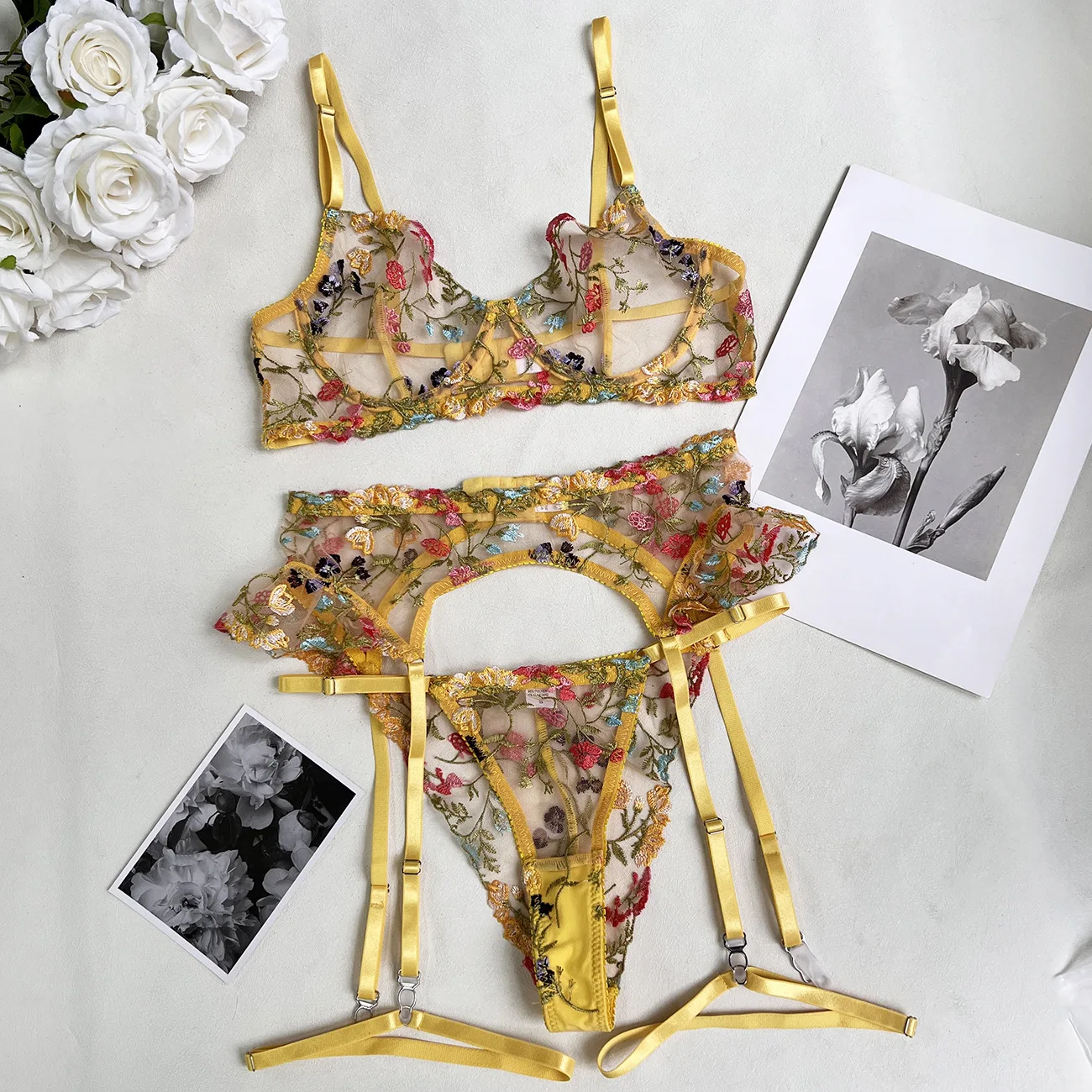 Chuangerm 2024 New Heavy Industry Embroidery Splicing Strap Sex Underwear Sex Garter Belt lingerie sets exotic luxury lingerie