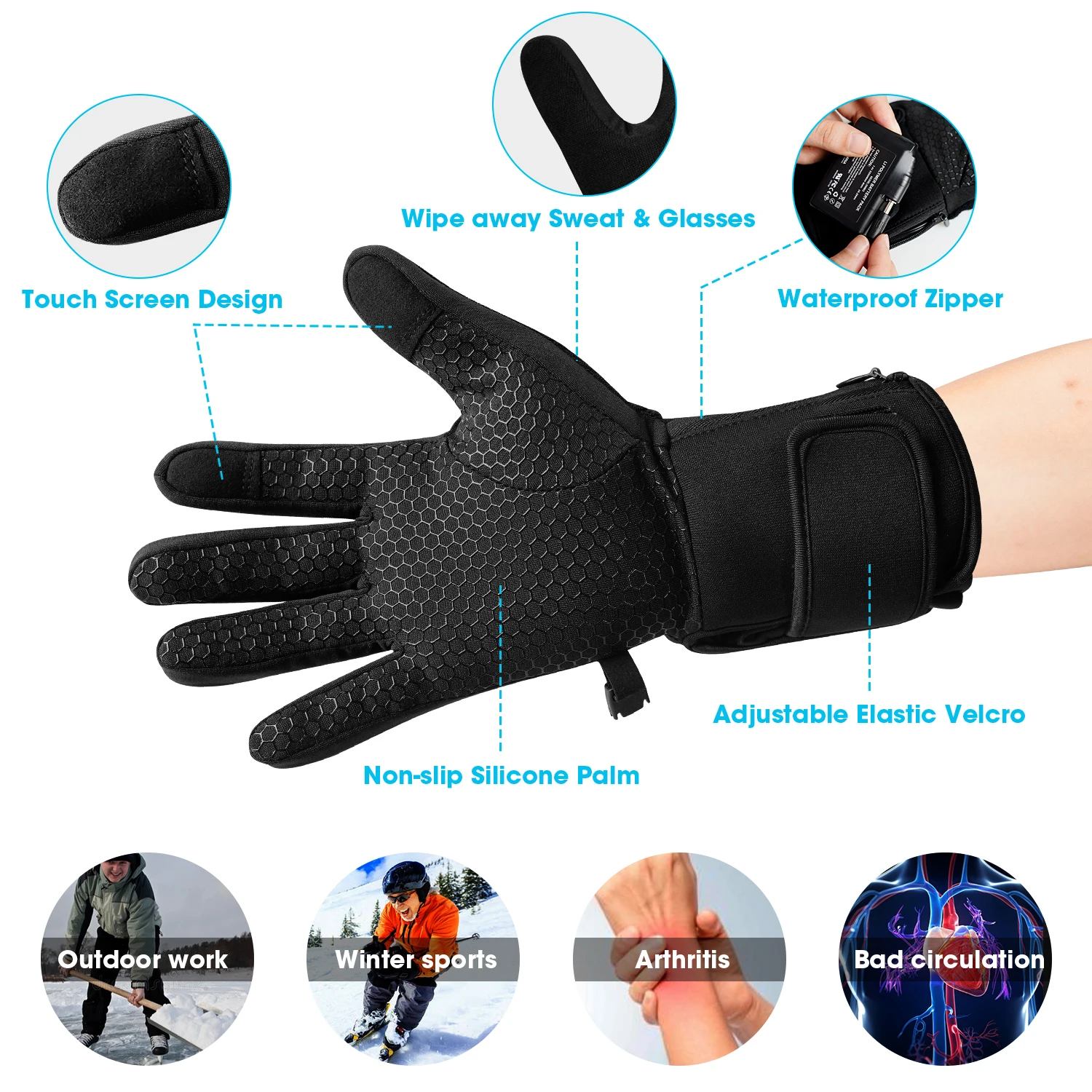 7.4v Touch Screen Waterproof Snow Heating Glove Liners Battery Rechargeable Electric Heated Ski Gloves