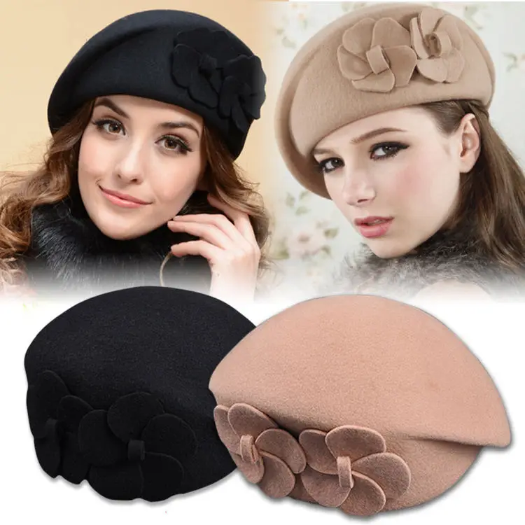 2022 Wholesale Autumn Winter Hat Ladies Elegant Double Flower Wool Beret Floral Dress Pillbox Fascinator Beanie Hat