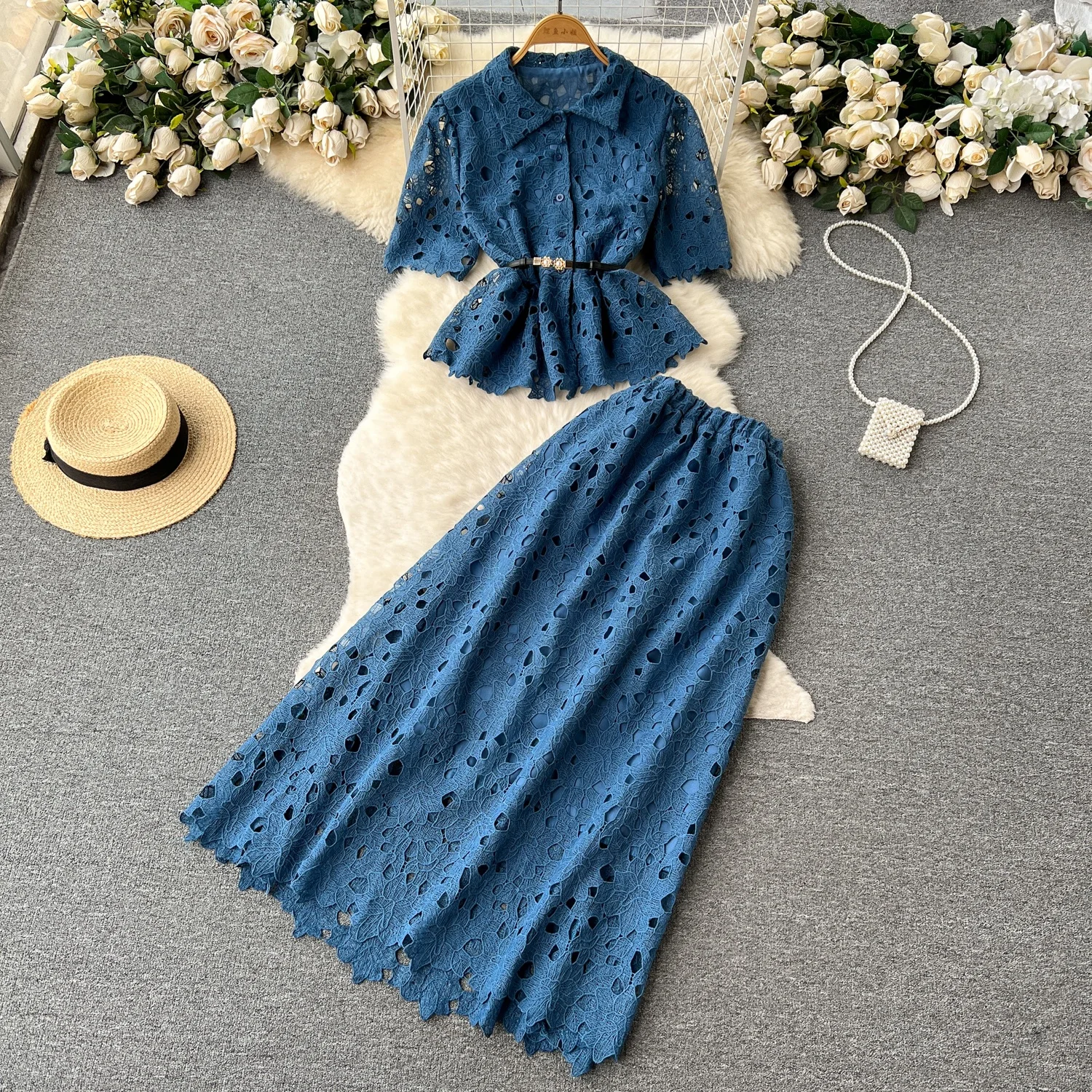 Summer Suit Female Ruffled Short Shirt Pleated Skirt Two-Piece Set