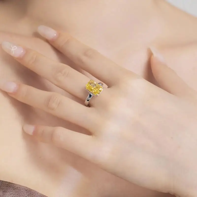 Dylam Luxury Fine Jewelry Diamond S925 Silver Square Yellow Cubic Zircon Ring Wholesale Price Wedding Engagement Rings For Women