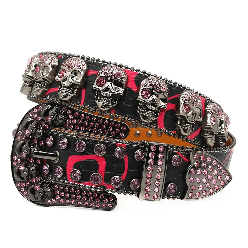 Original Design Colorful Rhinestone Ladies Skull Inlaid Alligator Pu Leather Western Belts for Men