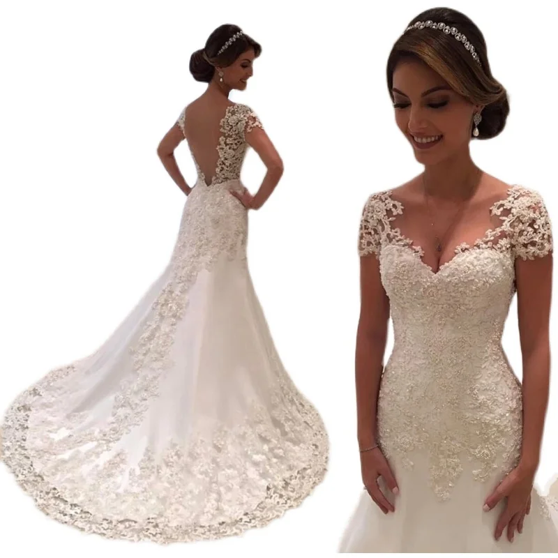 
2021 Short Sleeve Vestido De Noiva White Elegant Gown Backless Beautiful Lace Mermaid Classic Wedding Dress 