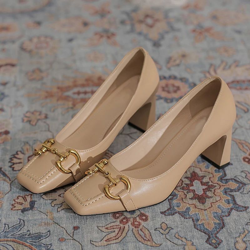 2022 New High Quality Women Pumps Metal Chain Decoration Sexy Shallow Square Toe Female Office High Heels Shoe