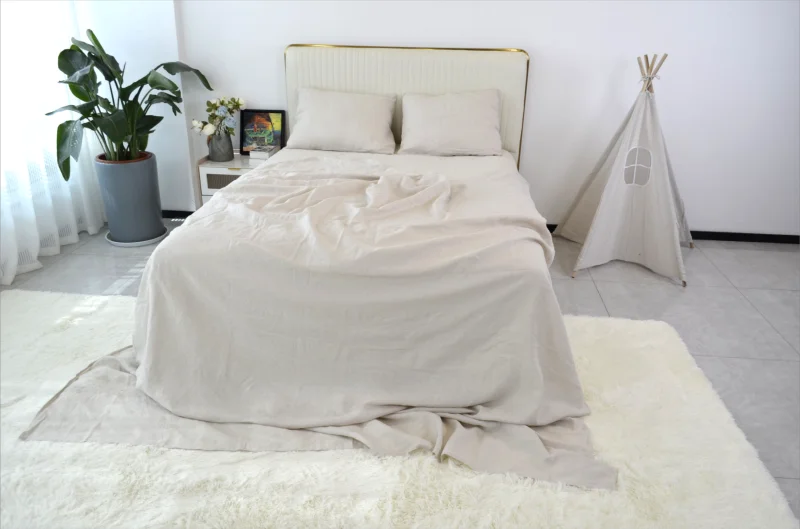 Queen Size 100% French Linen Fabric 4 Pieces Sheet Set Soft Skin Friendly Luxury Bed Sheet Stone Washed