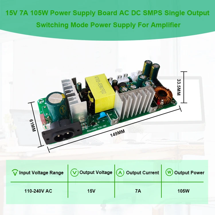 Hot 15V 7A 105W AC DC Switching Power Supply Single Power Supply Board For Amplifiers Speakers