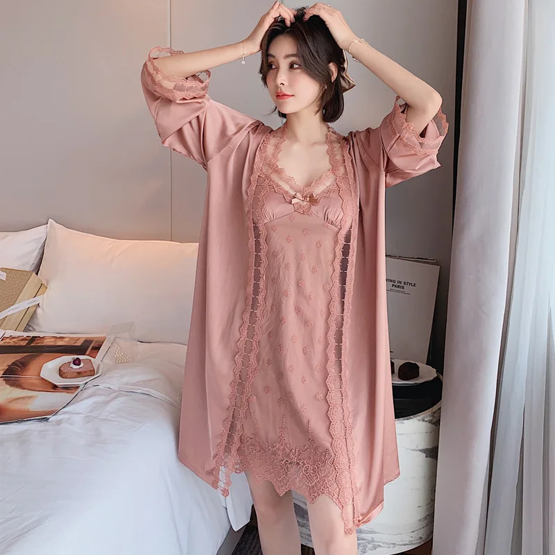
Summer Gorgeous pajamas For Women Satin Sleepwear Lace Robe And Night Dresses Set 