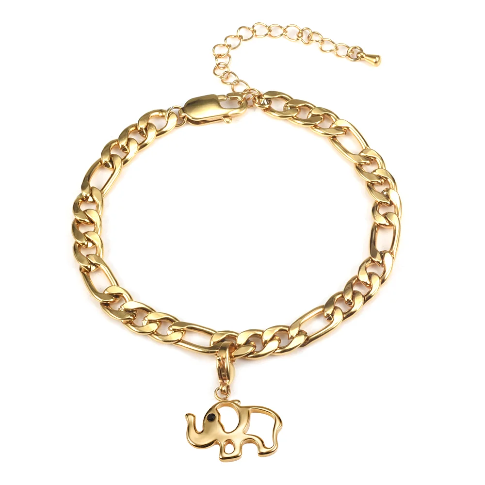  Wholesale Woman Elephant 24k Gold Plated Ankle Bracelet Jewelry Stainless Steel Costume Cuban Link Butterfly
