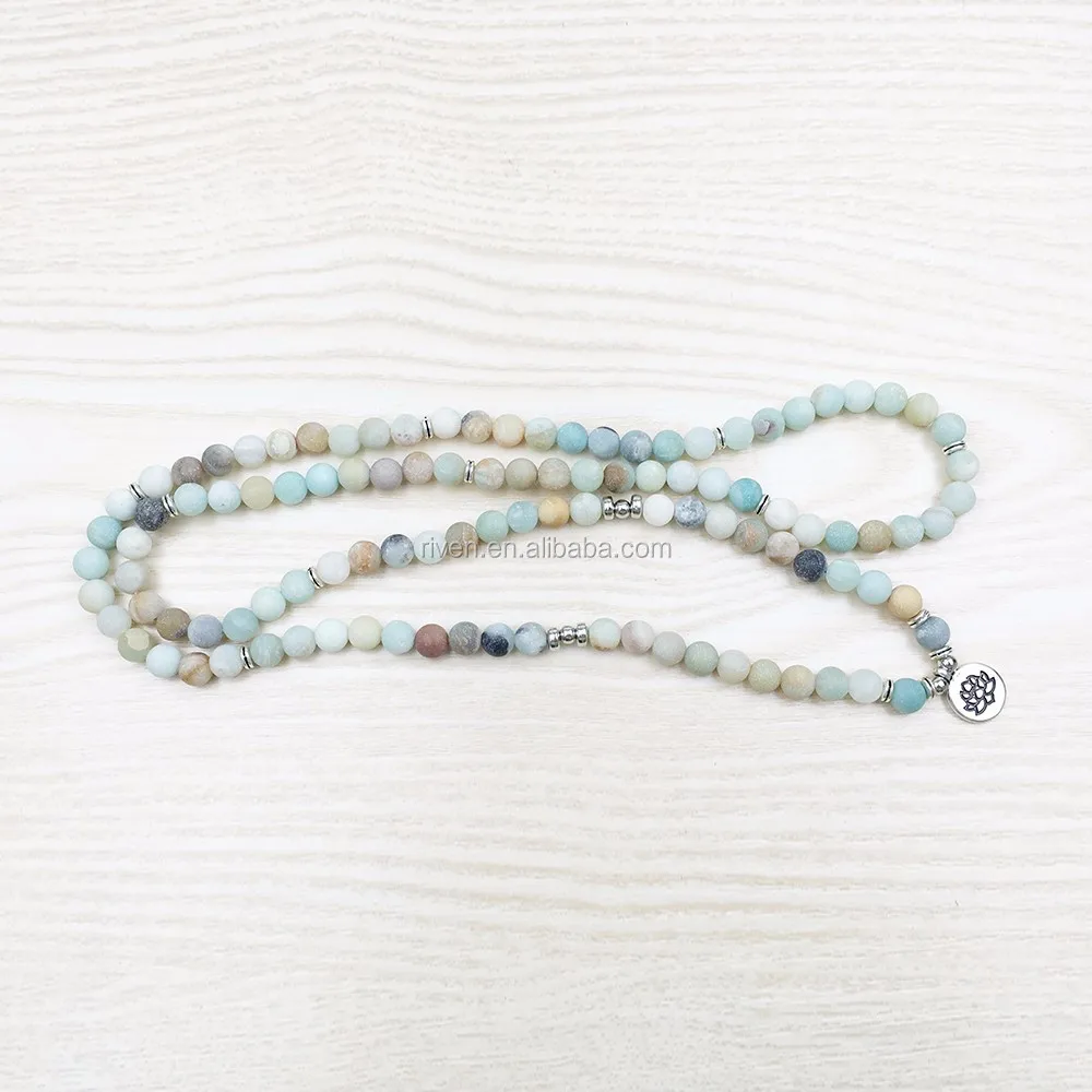 SN1142 8mm Frosted Matte Amazonite Prayer Beads Lotus Om Man 108 Amazonite Mala Beads Bracelet for Men