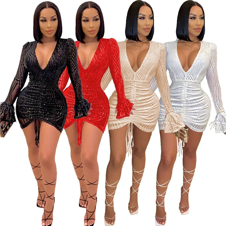 80518 Woman clothing 2021sexy ladies long sleeve bandage sequin dress night cocktail party wear dresses for women