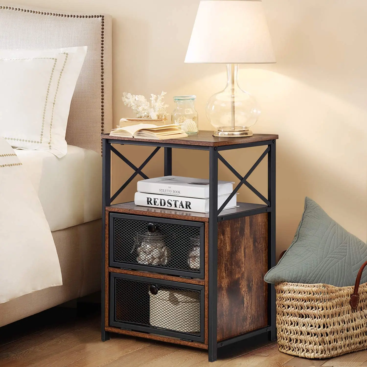 Modern End Bed Side Table with Storage Space Door Nightstands with Flip Drawers  Night Stand for Livingroom Bedroom
