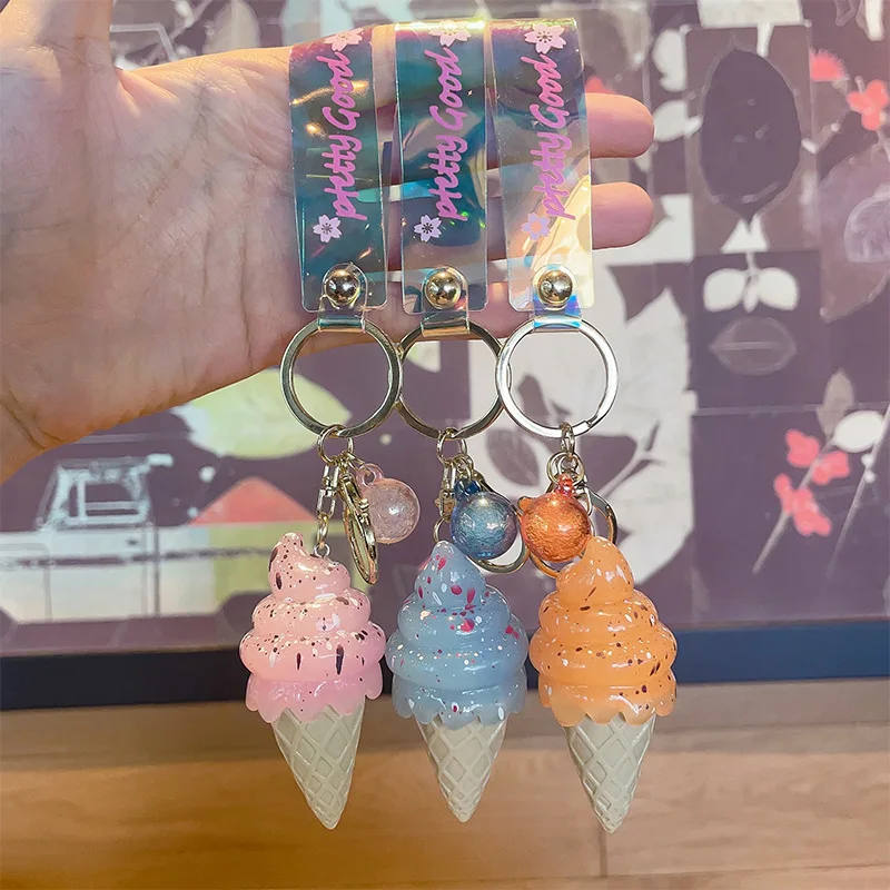 Creative LED 3D Cute Girls Keychain Car Key Ring Accessories Custom Ice Cream kawaii Wristlet Acrylic Cute Keychains