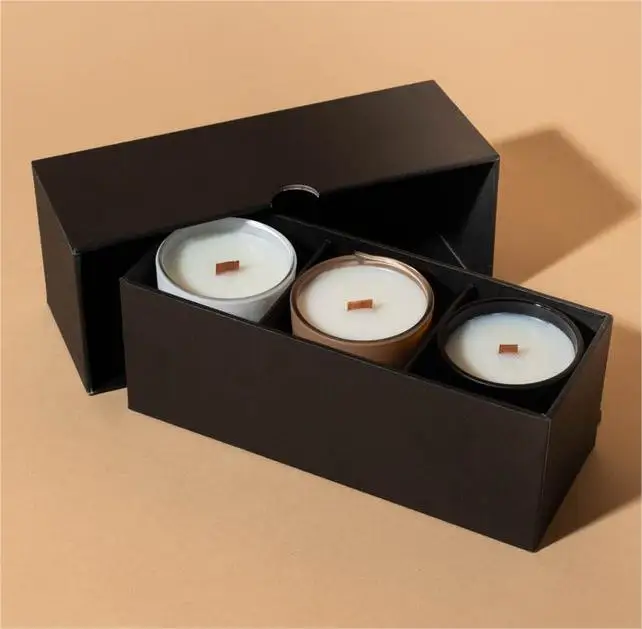 Lid off customizable 3 candle boxes matte black candle cardboard box packaging for candles