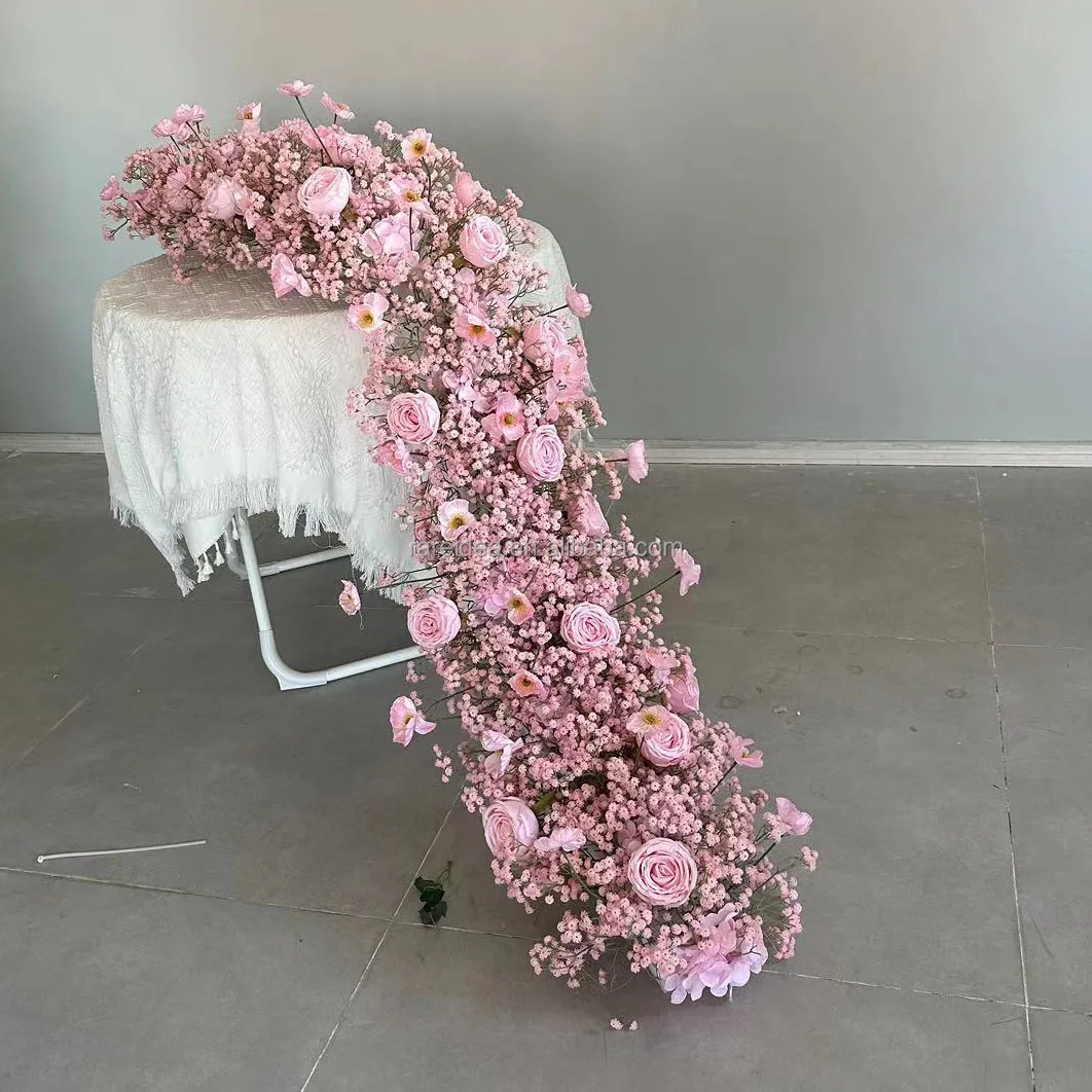 Pink Baby Breath Rose Orchid Flower Row Flower Ball Wedding Table FlowerDecor Artificial Pink Baby Breath  Flower Runner
