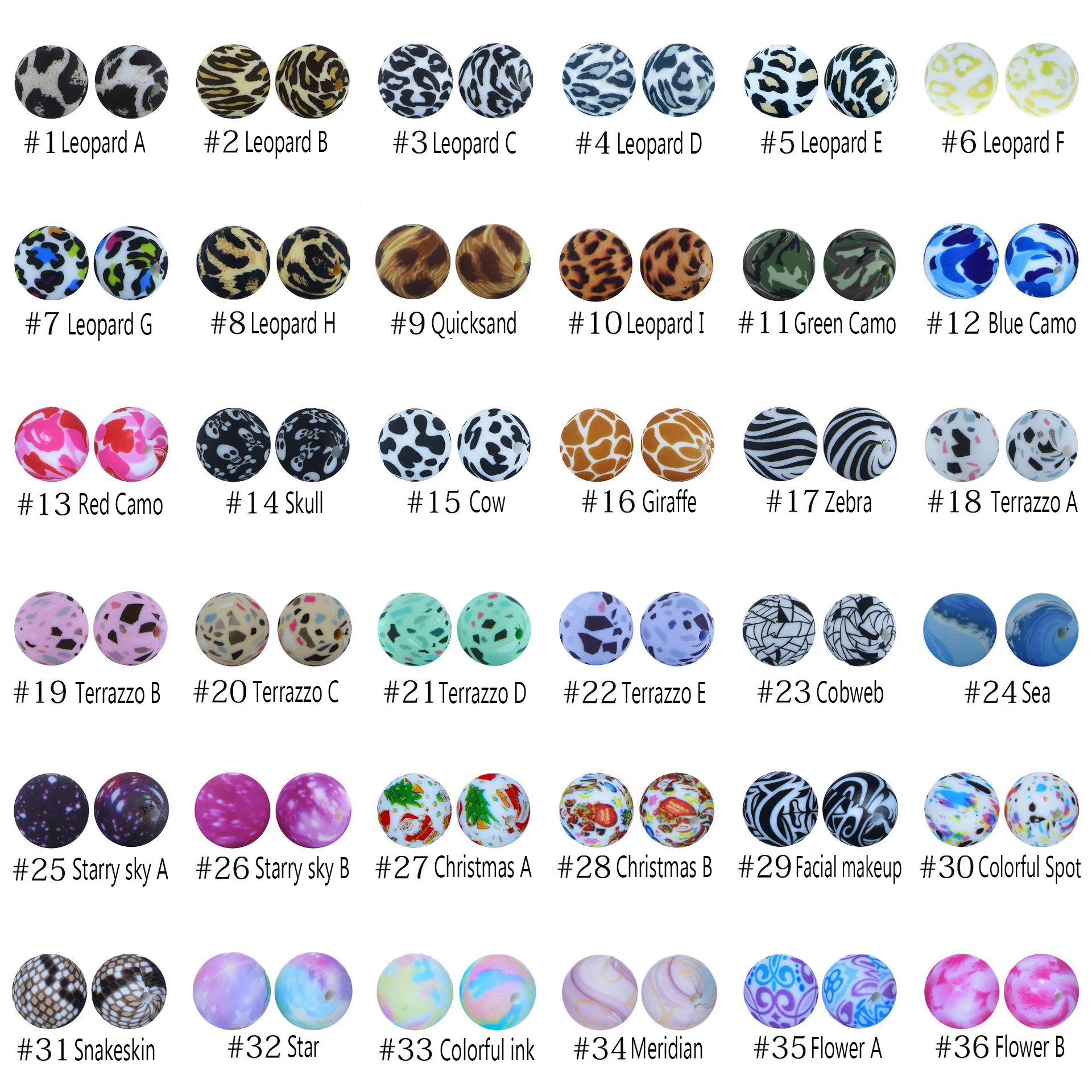 15mm Round Print Food Grade Silicone Beads DIY Baby Teething Sensory Bracelets Teether Toys