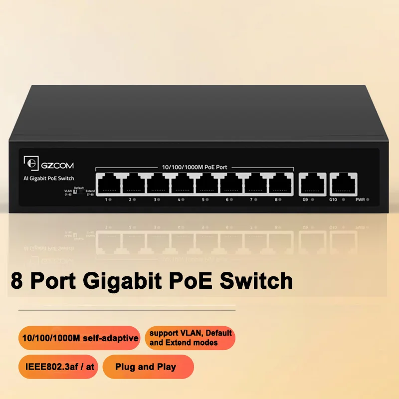 Factory OEM 10 Port POE Switch af 48v 1-8port POE Out Ethernet Switch Gigabit 1000 PoE Switch 8ports