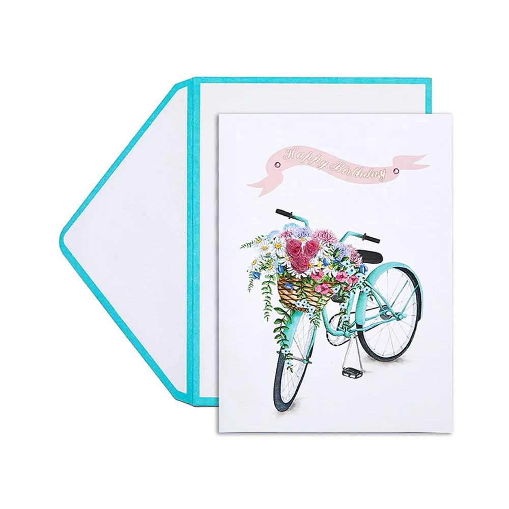 Luxury Handmade Custom Printed Flower Bike Happy Birthday Greeting Cards with Envelope