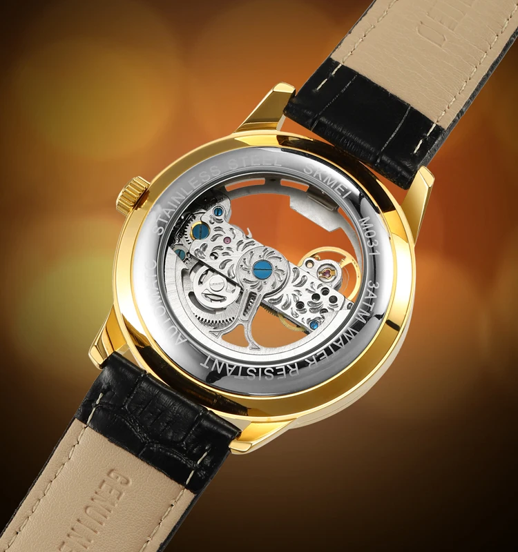 high quality waterproof skmei M031 luxury gold skeleton transparent men mechanical leather strap automatic watch