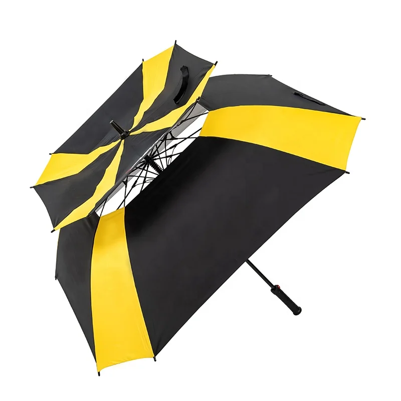 Yellow and Black 30in UV Coating Double Canopy Auto Open Fiberglass Frame Square Golf Umbrella with Custom Logo Print