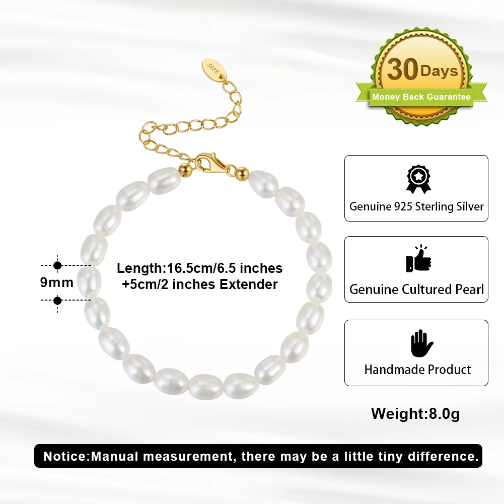 RINNTIN GPB11 Best Quality 5- 6mm White Beaded Bracelet 925 Sterling Silver White FreshWater Pearl Bracelet for Women