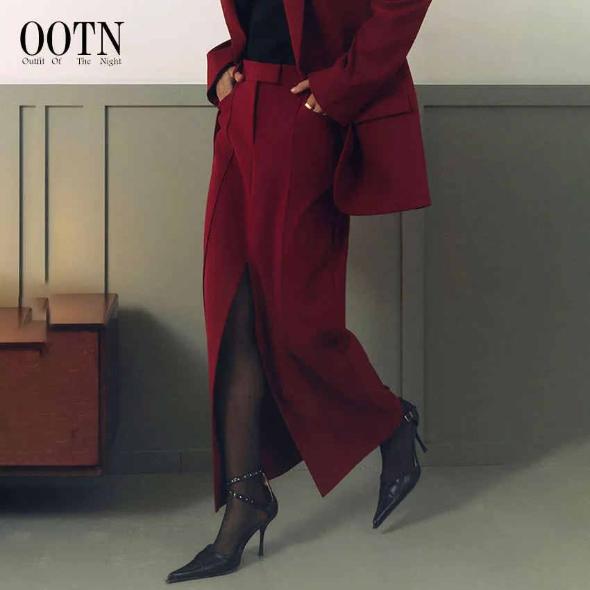 OOTN Office Lady Red Straight Skirts 2024 Elegant High Waist Pleated Skirt Women Fashion Casual Twill Long Skirts Spring Zipper
