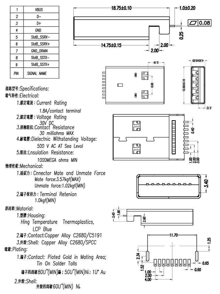 usb 3.0 connector male A 9 Pins SMD 180 degree SMT usb male connector socket Sink Plate Type 1.8A 30V