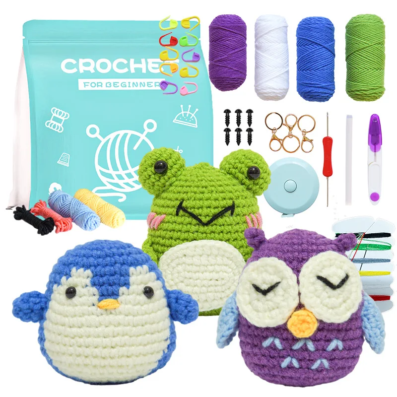 Z160 Educational Learn To Crochet Craft DIY  Frog penguin Owl Hand Knitting Yarn Crochet Starter Kit