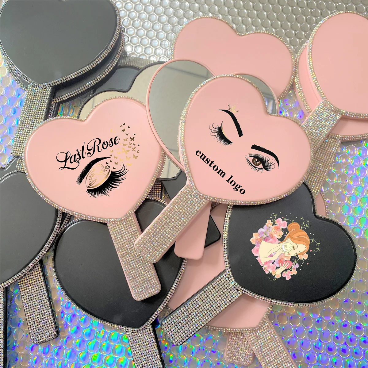 FEIYAN Wholesale Makeup Hand Hold Mirror Heart Oval Round Square Shape Custom Your Logo Portable Beauty Handheld Makeup Mirror