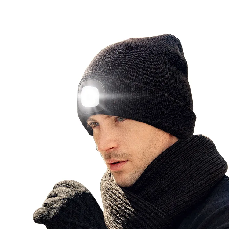 Unisex Beanie Hat With LED Light Rechargeable Bright Headlamp Winter Warm Knitted Hats For Running Hiking Camping Ice Fishing