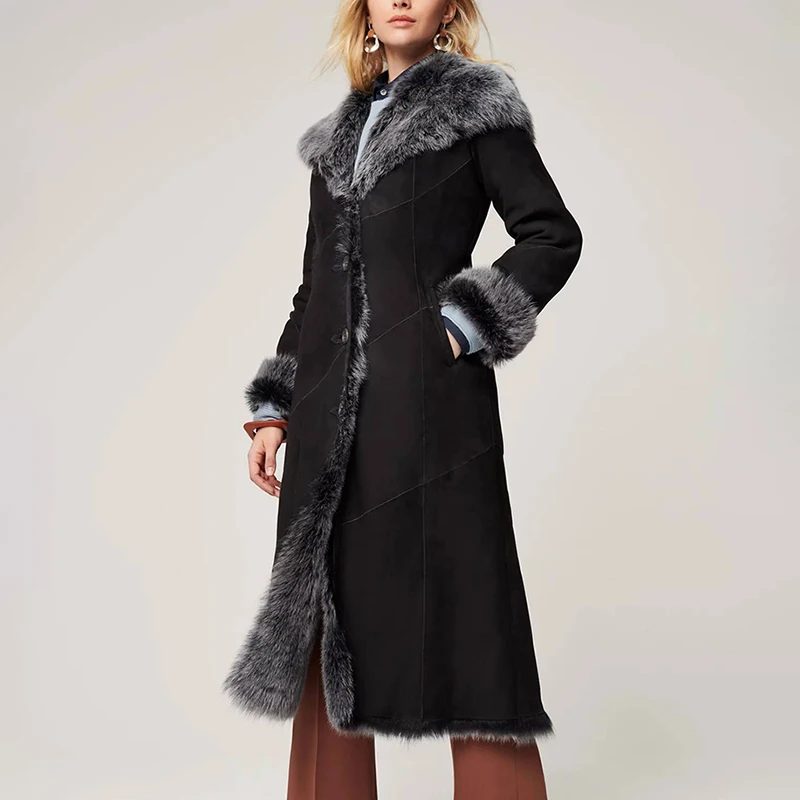 NAFA OEM Customize Ladys Luxury Casual Elegant Lamb Fur Shearling Long Coat for Winter Outer Wear
