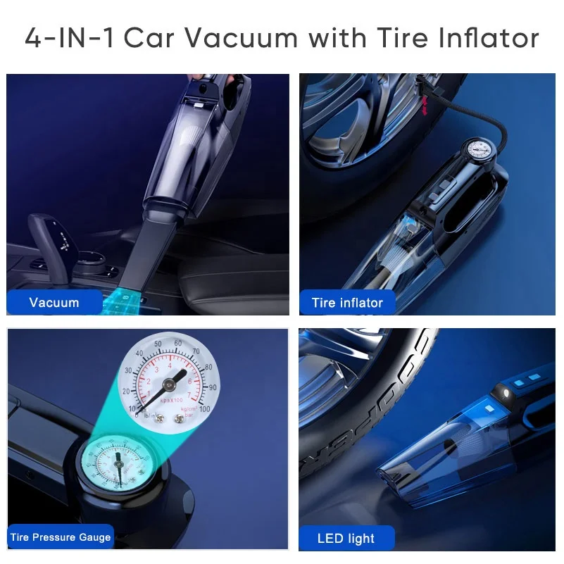 Car Vacuum Cleaner 4-in-1 Tire Inflator Portable Air Compressor with Tire Pressure Gauge LED Light 12 DC Corded Handheld Vacuum
