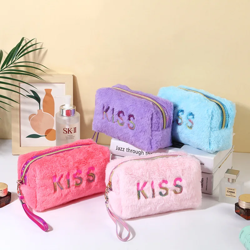 2024 spring candy color Trendy Personalized Kiss Pattern Sequin Travel Zipper Pouch Toiletry Bag Cosmetic Makeup Bag