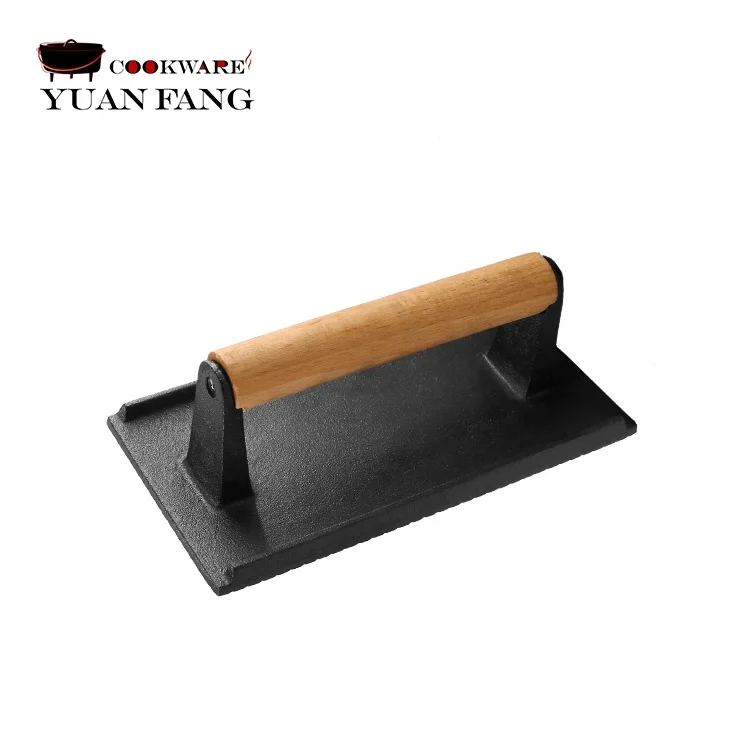 Hot Sell Customized 21CM Rectangular Shape Cookware BBQ Bacon Press Cast Iron Grill Press with Wooden Handle