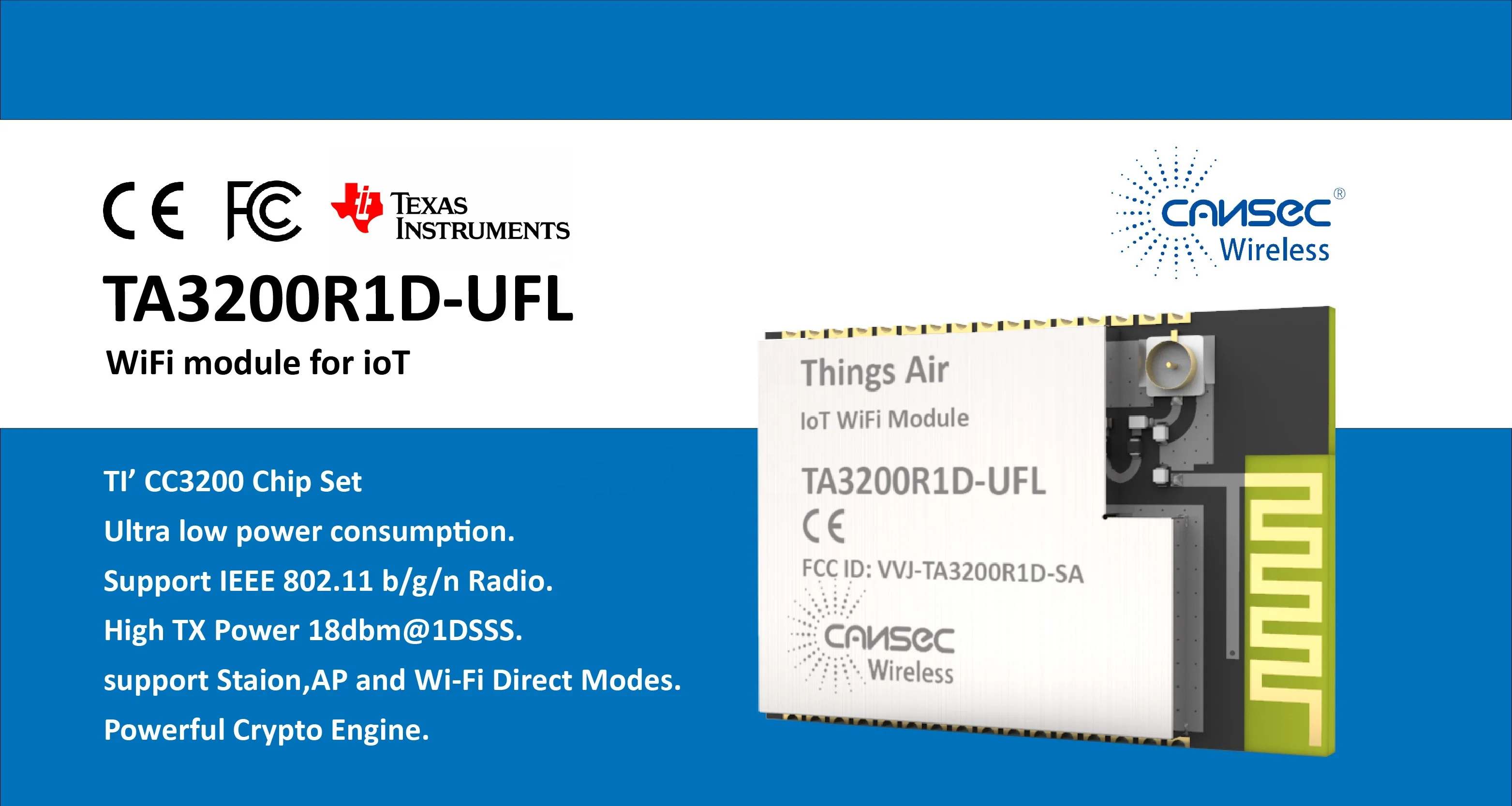 Cansec Wireless TA3200R1D-UFL TI CC3200 R1M2RGCR 802.11b/g/n IoT Solution Low-Power-Consumption WiFi Module