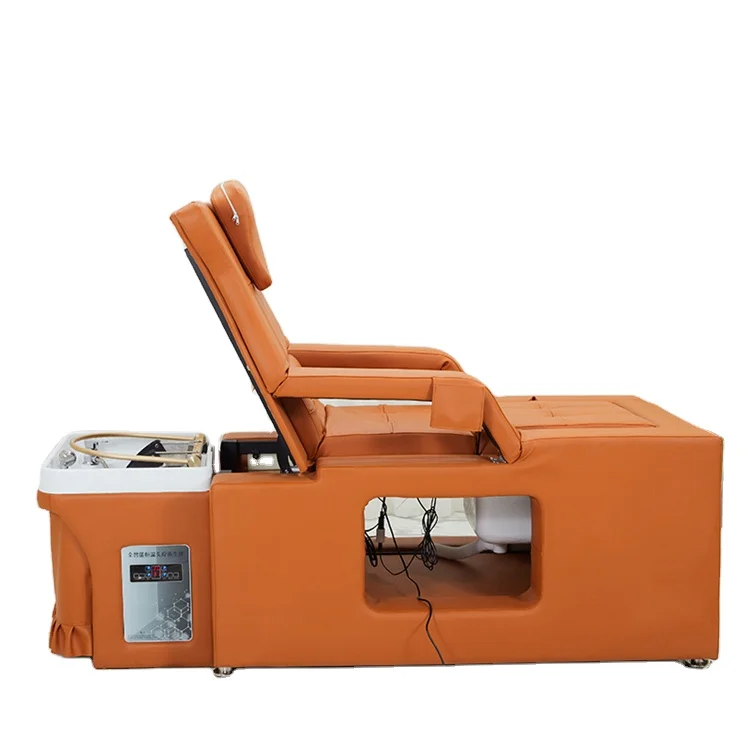 Kisen high quality orange beauty salon furniture electric washing massage chair shampoo bed with water circulation steamer