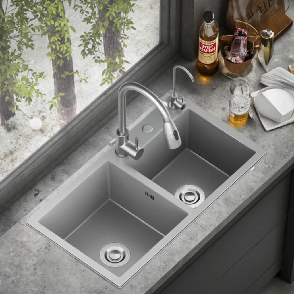 Modern Portable Double Bowl 304 Stainless Steel Kitchen Bathroom Sink Rectangular Shape Two Counter Faucet Cheap Undermount