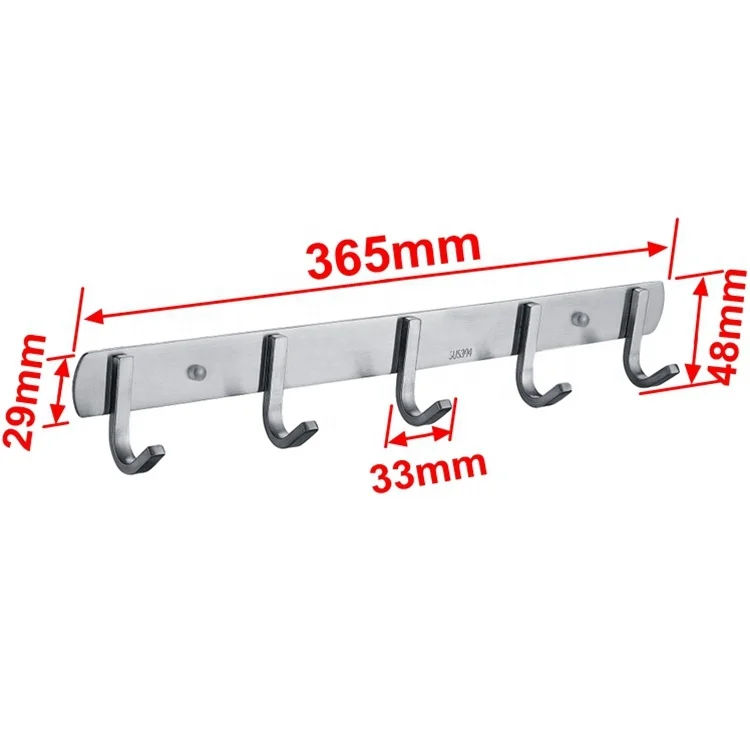 High Quality Bathroom Accessories Durable SUS304 Stainless Steel Brushed Polishing Wall Mounted Coat Rack with 5 Hooks