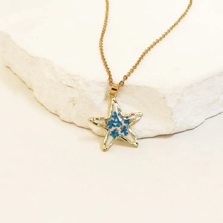 New Arrival Dried Flower Pendant Necklace Eternal Real Flower Star Shaped Necklace For Lady