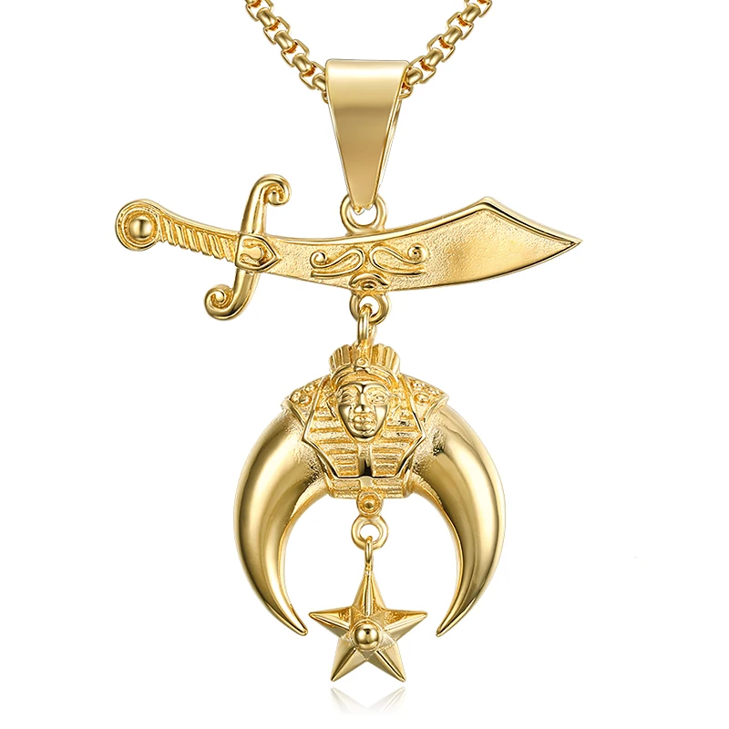 Stainless Steel Gold Shriner Pendant Silver Gold Mason Masonic Moon Symbol Charms Necklace for Women Men