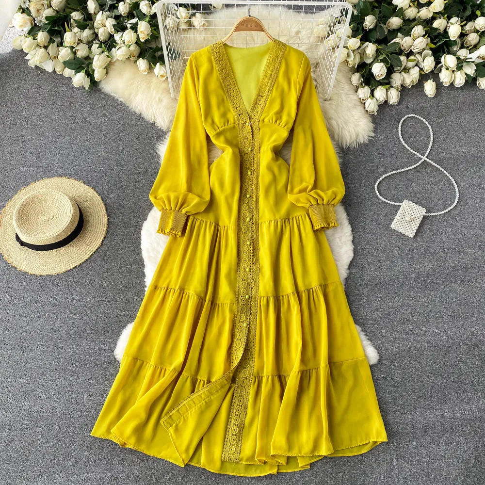 Custom wind lace v-neck dress waist slimming embroidery solid color dress