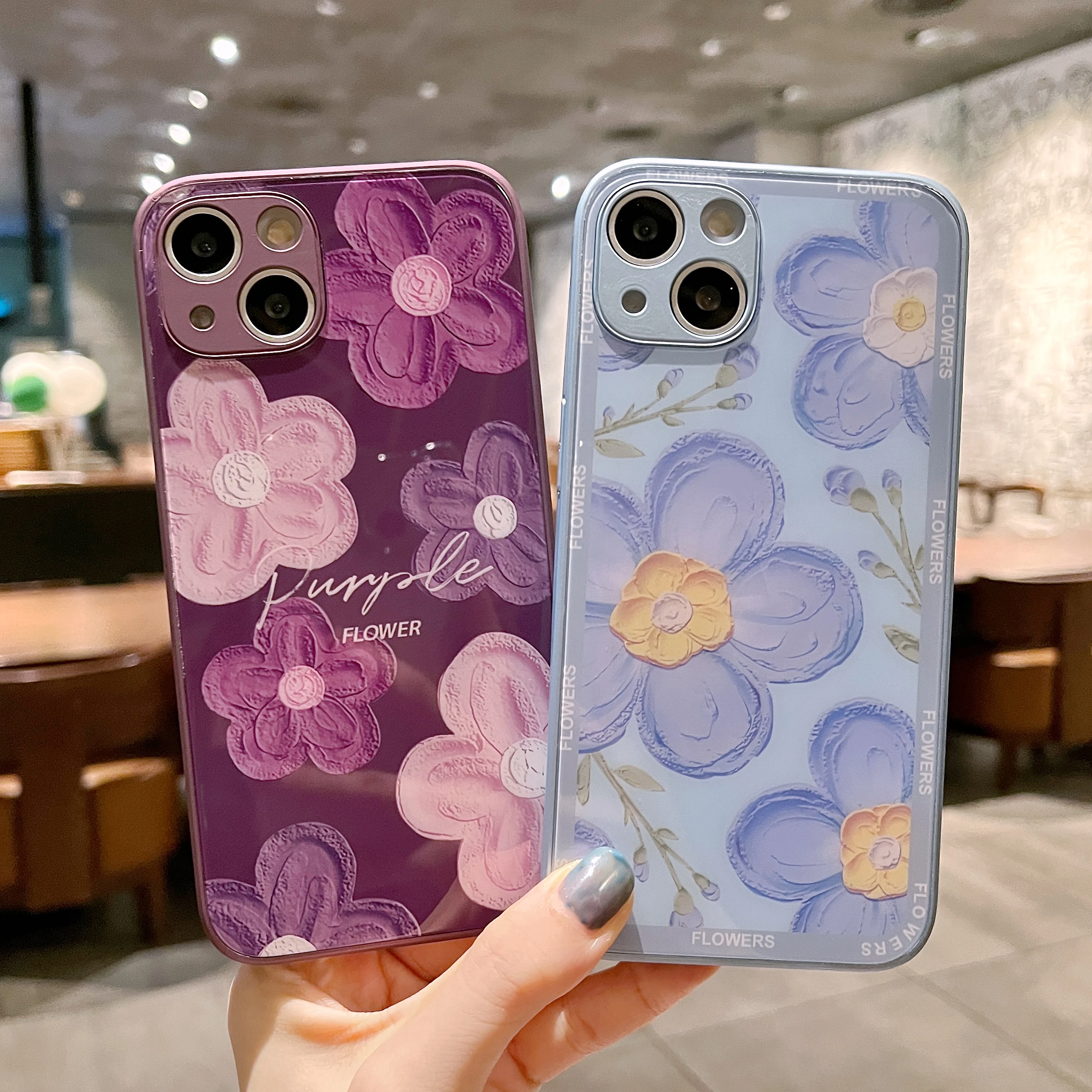 Dropshipping Oil Art Flower Tempered Glass Cell Phone Case For iPhone 14 Pro Max 13 11 12 X XS XR 6 7 8 Plus Shockproof Cover