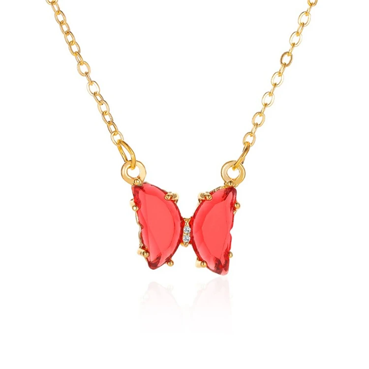 Fashion Cute Butterfly Necklace Korean Dream Transparent Color Glass Pendant Ladies Clavicle Chain Crystal Necklace