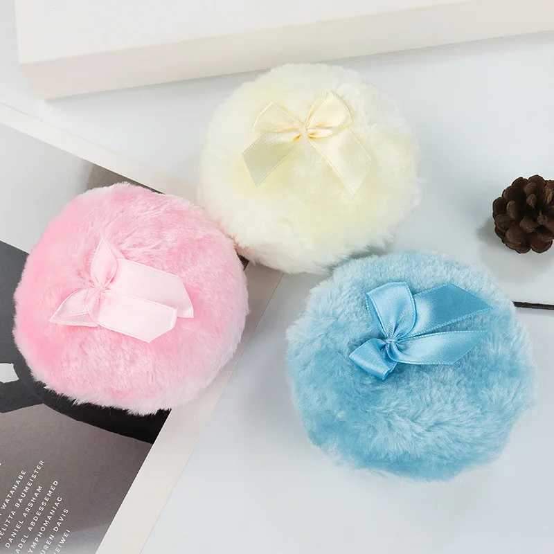 Ultra Soft Plush Fluffy Foundation Makeup Velour Puff Custom Large Makeup Cosmetic Powder Puff with Bowknot
